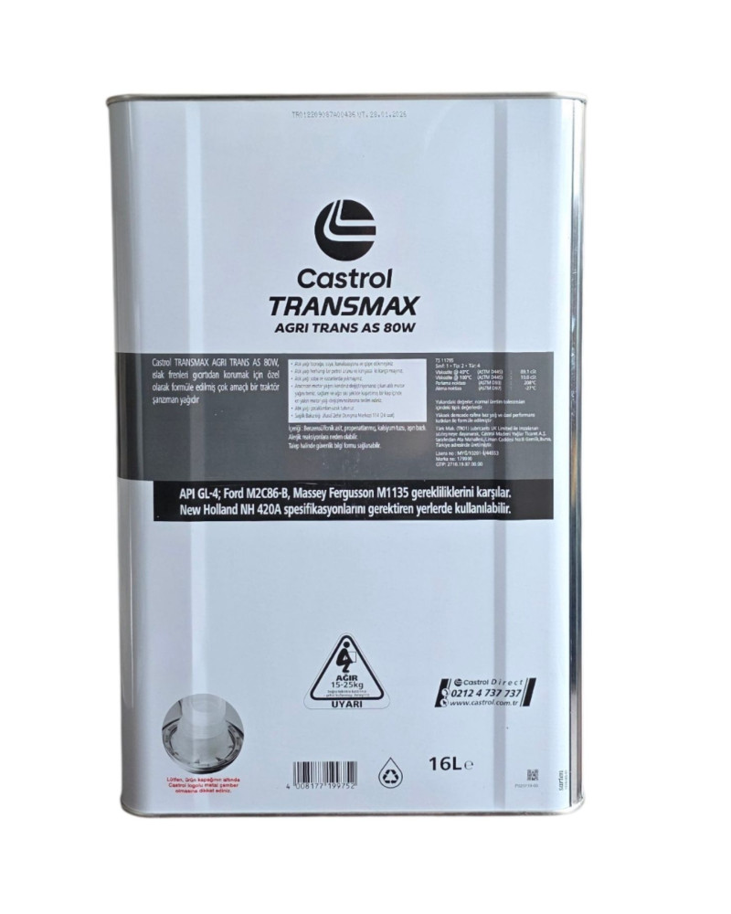 Castrol Transmax Agri Trans AS 80W 16 LT Çok Amaçlı Şanzıman Ve Hidrolik Sistem Yağı