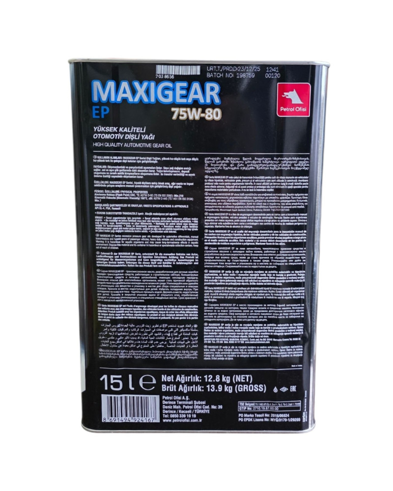 Petrol Ofisi Maxiger EP 75W80 15 LT Yüksek Performanslı (Extreme Pressure) Katkılı Dişli Yağı