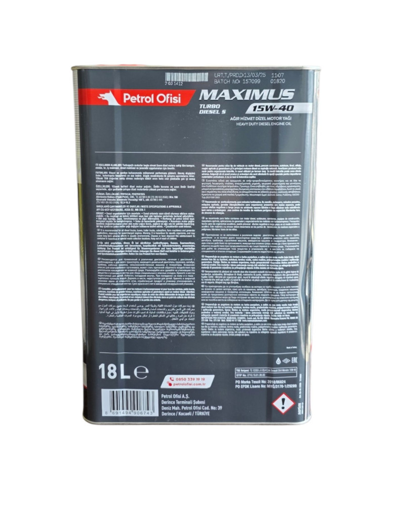 Petrol Ofisi Maximus Turbo Diesel S 15W40 18 LT Yüksek Performanslı Motor Yağı